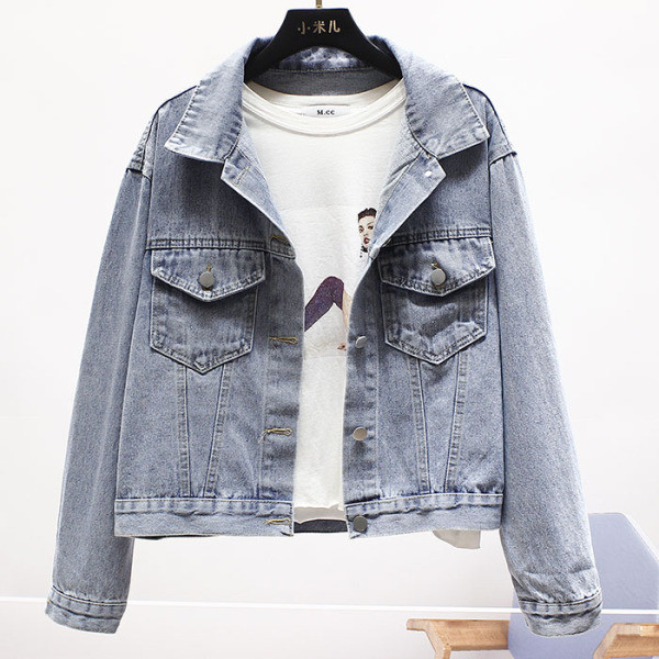 Jachetă casual scurtă de blugi pentru femei, cu buzunare și guler