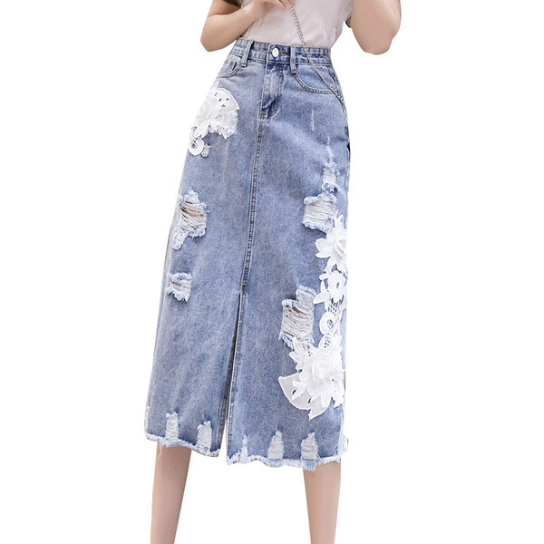 Fusta de dama din denim model nou cu motive rupte si broderie