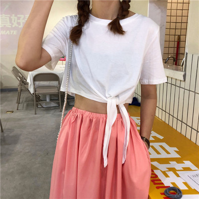 Дамска ежедневна тениска с къс ръкав и връзки 