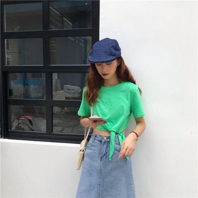 Дамска ежедневна тениска с къс ръкав и връзки 