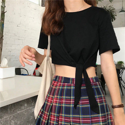 Дамска ежедневна тениска с къс ръкав и връзки 