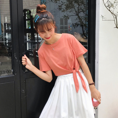 Дамска ежедневна тениска с къс ръкав и връзки 