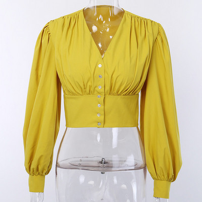 Cămașă scurtă modernă, cu decolteu în V adânc și mâneci bufante