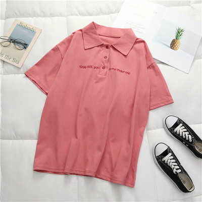 Tricou casual dama cu guler clasic si inscriptionare