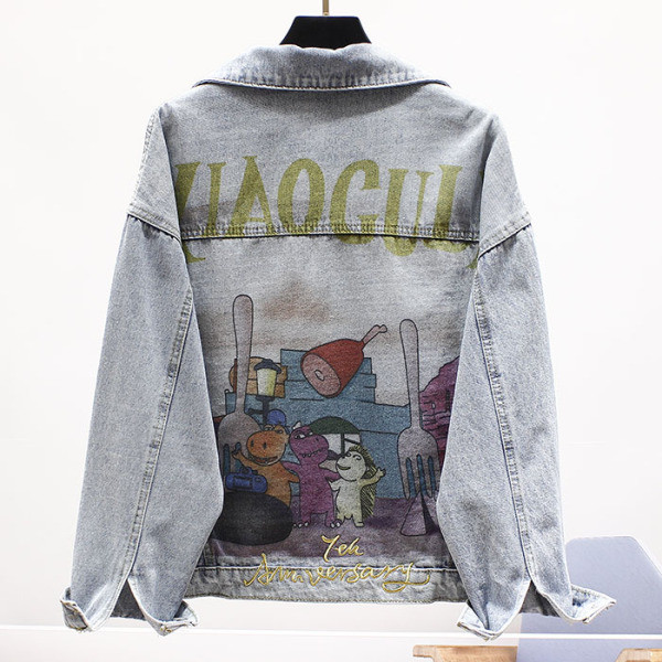 Jachetă modernă de denim de damă cu aplicație colorată și mâneci lungi