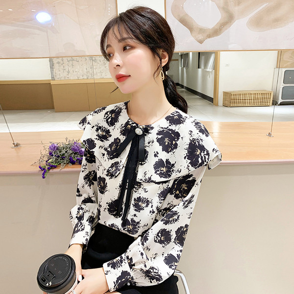 Cămașă casual de damă cu model floeal și panglică