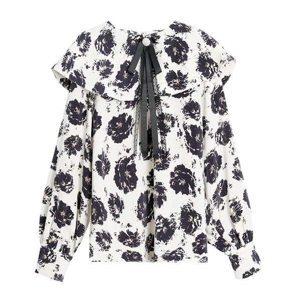 Cămașă casual de damă cu model floeal și panglică
