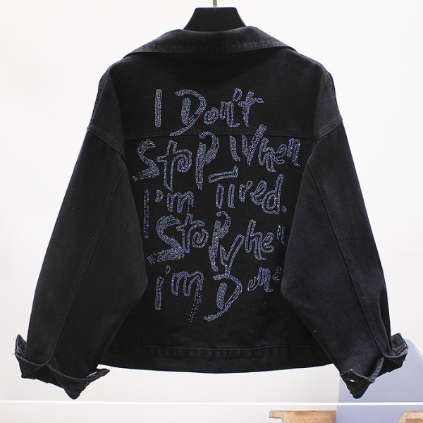 Alkalmi női farmerdzseki felirattal, fényes hatással