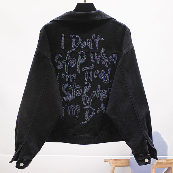 Alkalmi női farmerdzseki felirattal, fényes hatással