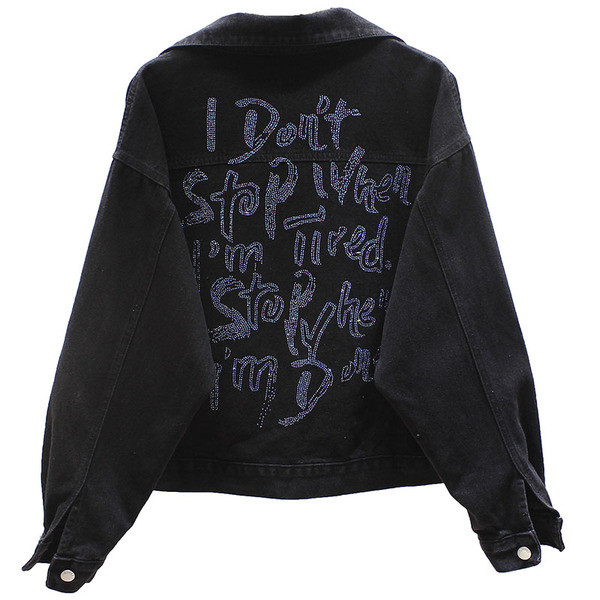 Alkalmi női farmerdzseki felirattal, fényes hatással