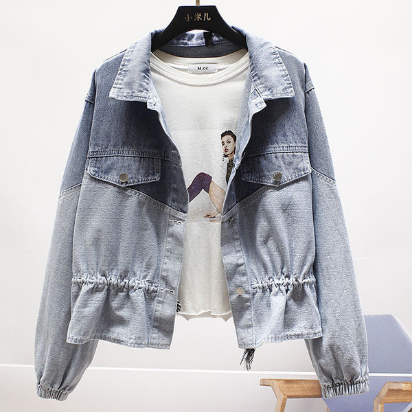 Jachetă casual de denim de damă, cu legături în talie și mâneci lungi