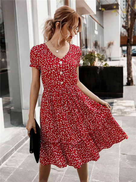 Rochie de dama decupata cu model floral si decolteu spitz