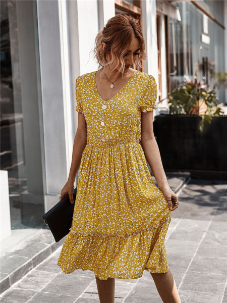 Rochie de dama decupata cu model floral si decolteu spitz