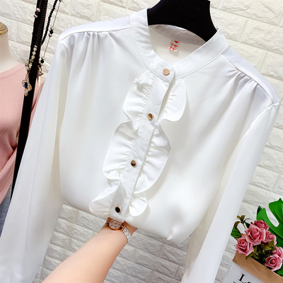 Cămașă de damă elegantă cu decolteu oval, mâneci lungi și nasturi