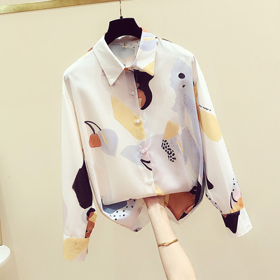 Цветна дамска риза от шифон с дълъг ръкав и яка