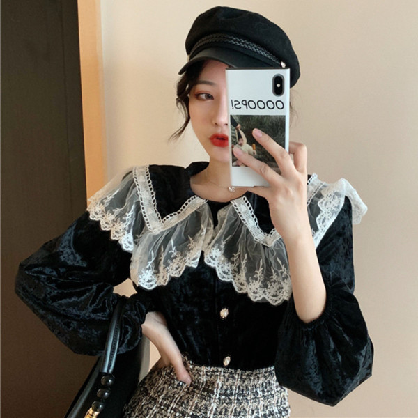 Cămașă retro damă din catifea cu broască