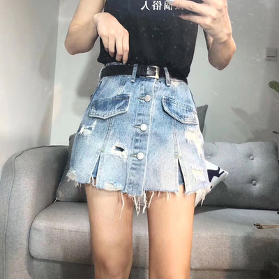 Дамска модерна дънкова пола-панталон с копчета и висока талия 