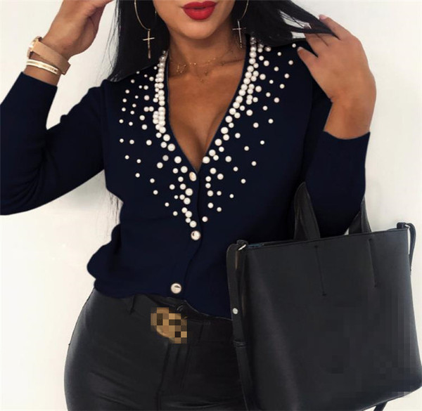 Vestă de primăvară de damă actuală cu decolteu în V și perle