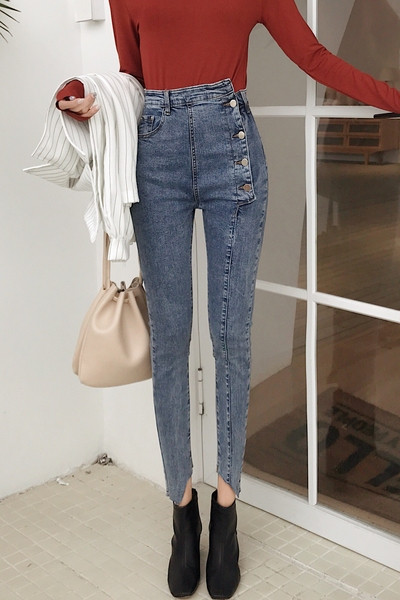 Blugi moderni de dama cu talie inalta si inchidere laterala