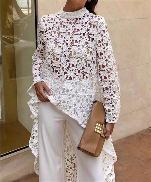 Cămașă casual de damă din dantelă albă, cu mâneci lungi