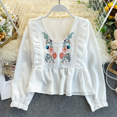 Cămașă casual de damă cu broderie și decolteu spitz