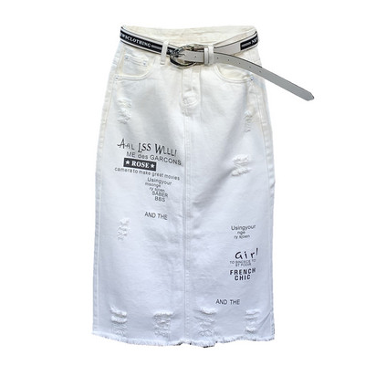 Novi model ženske traper suknje sa printom i remenom u bijeloj boji