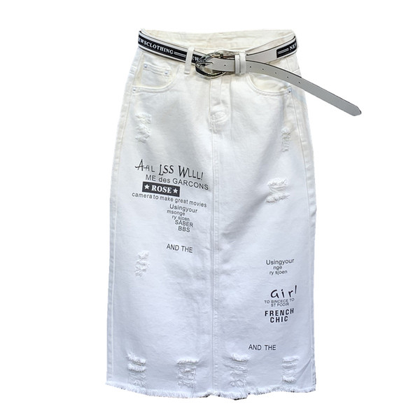 Novi model ženske traper suknje sa printom i remenom u bijeloj boji