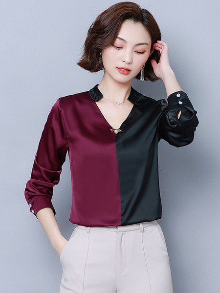 Női selyemblúz spitz nyakkivágással és hosszú ujjal