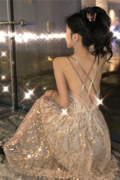 Rochie lunga de dama cu spatele gol si paiete