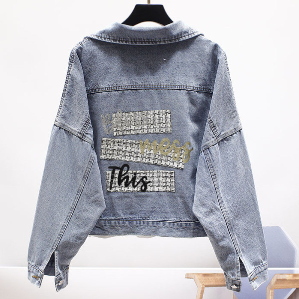 Jachetă modernă de denim de damă cu inscripție și broderie