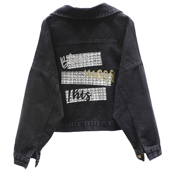 Jachetă modernă de denim de damă cu inscripție și broderie