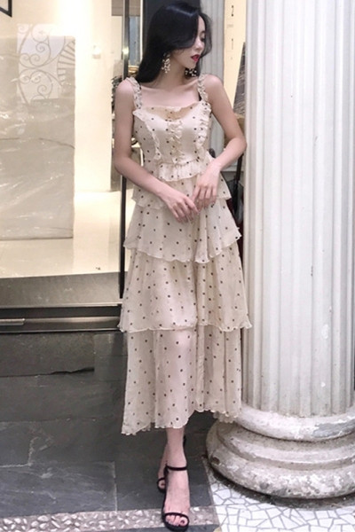 Rochie lungă de damă cu buline cu bretele largi