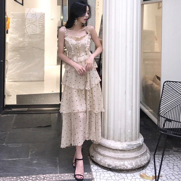 Rochie lungă de damă cu buline cu bretele largi