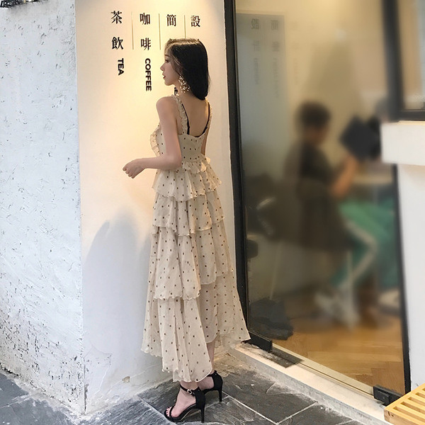 Rochie lungă de damă cu buline cu bretele largi