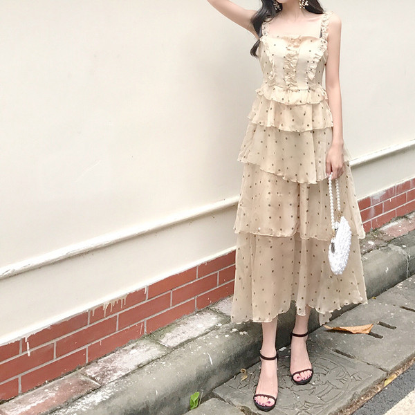 Rochie lungă de damă cu buline cu bretele largi