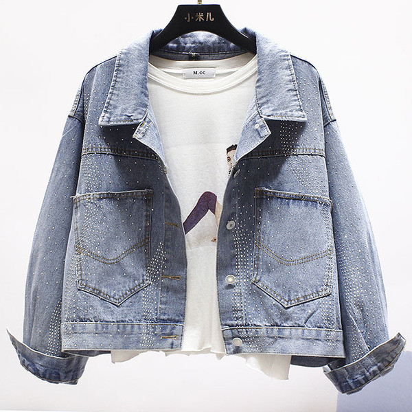 Női alkalmi farmerdzseki gallérral és kövekkel