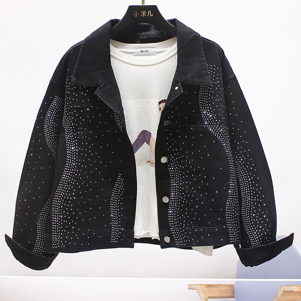 Női alkalmi farmerdzseki gallérral és kövekkel