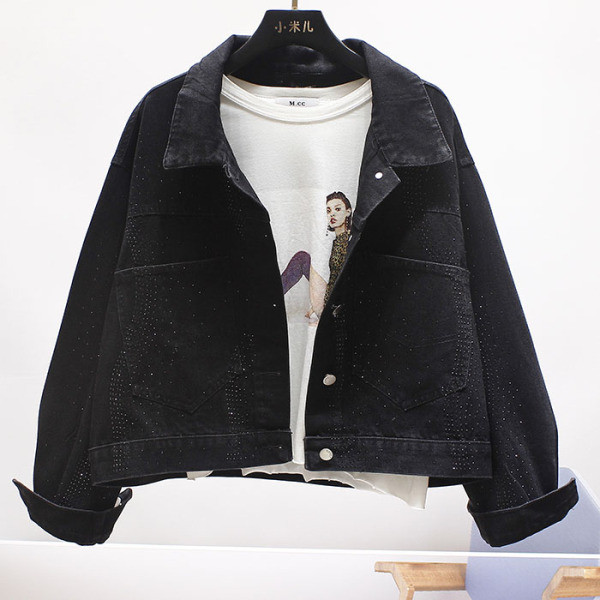 Női alkalmi farmerdzseki gallérral és kövekkel