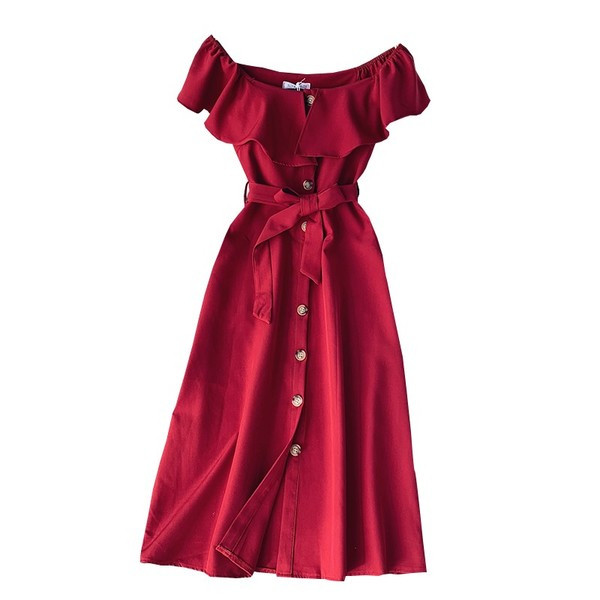 Lezser női hosszú ruha csupasz váll és gombokkal