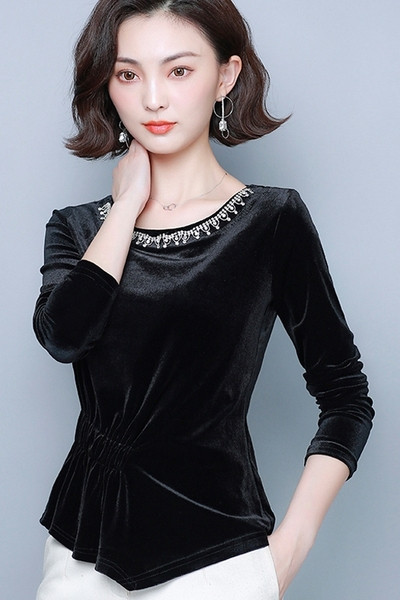 Modern női bársony blúz gyöngyökkel és kerek nyakkivágással