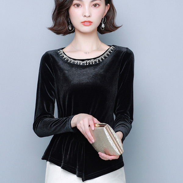 Modern női bársony blúz gyöngyökkel és kerek nyakkivágással