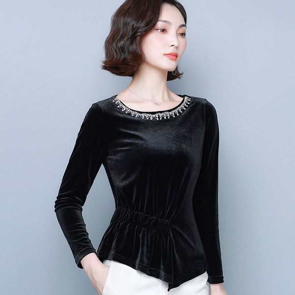 Modern női bársony blúz gyöngyökkel és kerek nyakkivágással