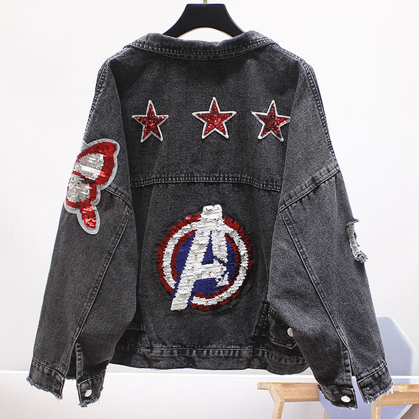 Модерно дамско дънково яке с пайети и разкъсани мотиви 