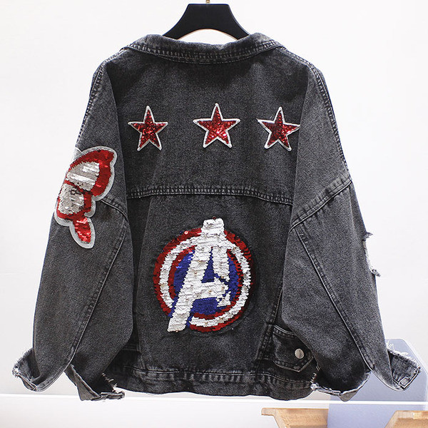 Модерно дамско дънково яке с пайети и разкъсани мотиви 