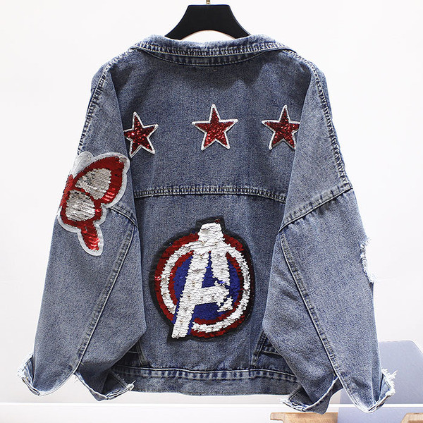 Модерно дамско дънково яке с пайети и разкъсани мотиви 