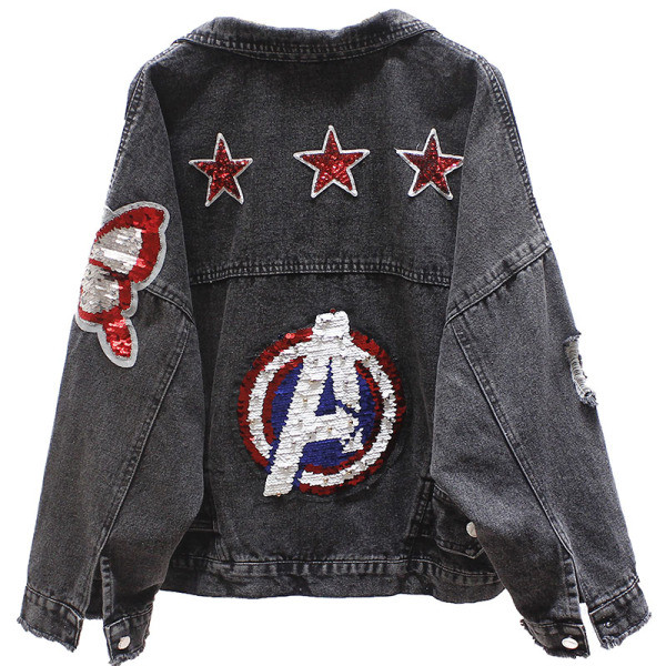 Модерно дамско дънково яке с пайети и разкъсани мотиви 