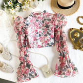 Camasa scurta dama casual cu guler inalt si model floral