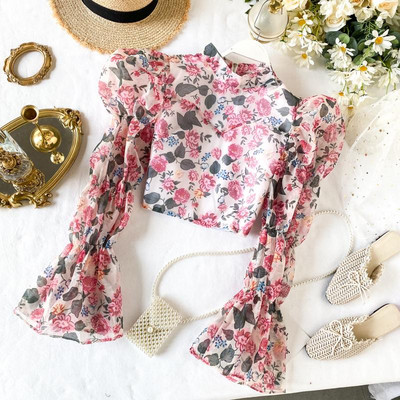 Camasa scurta dama casual cu guler inalt si model floral