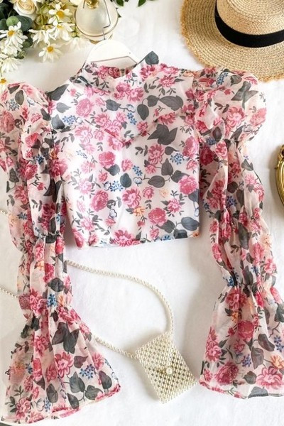 Camasa scurta dama casual cu guler inalt si model floral