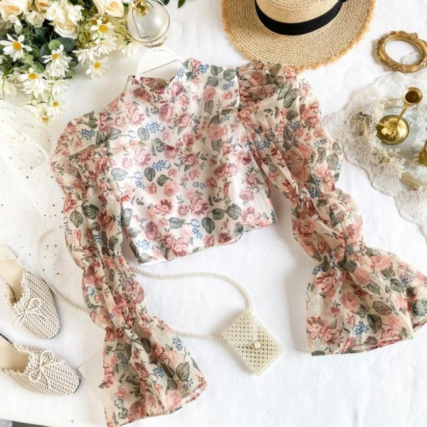 Camasa scurta dama casual cu guler inalt si model floral